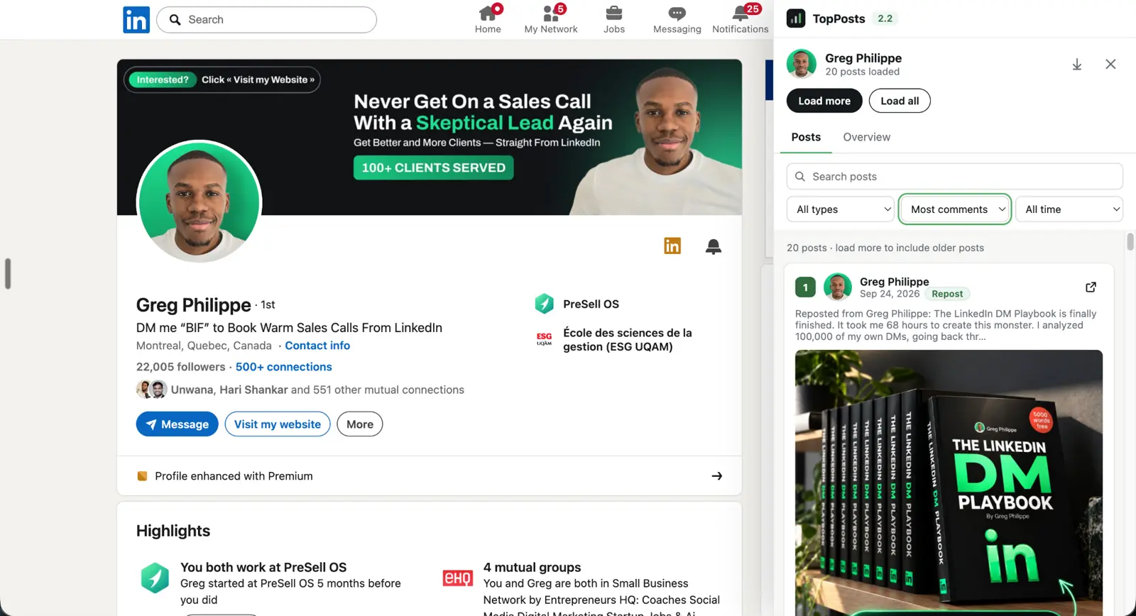 TopPosts extension displaying ranked posts alongside a real LinkedIn profile