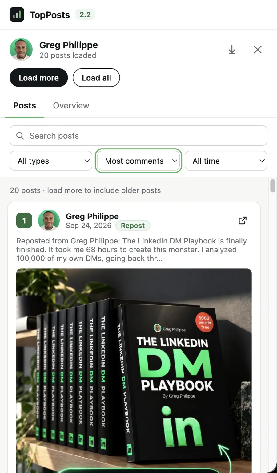 TopPosts 2.0 vertical interface with search, filters and ranked LinkedIn posts