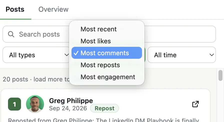 TopPosts 2.0 sort options: most recent, likes, comments, reposts and engagement